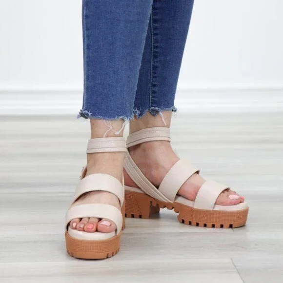 Nude Strappy Chunky Heel Sandal Faux Leather - Picture 11 of 12